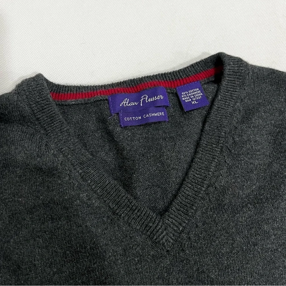 Alan Flusser Cotton Cashmere V-Neck Sweater Size XL Heathered Gray Grey LS